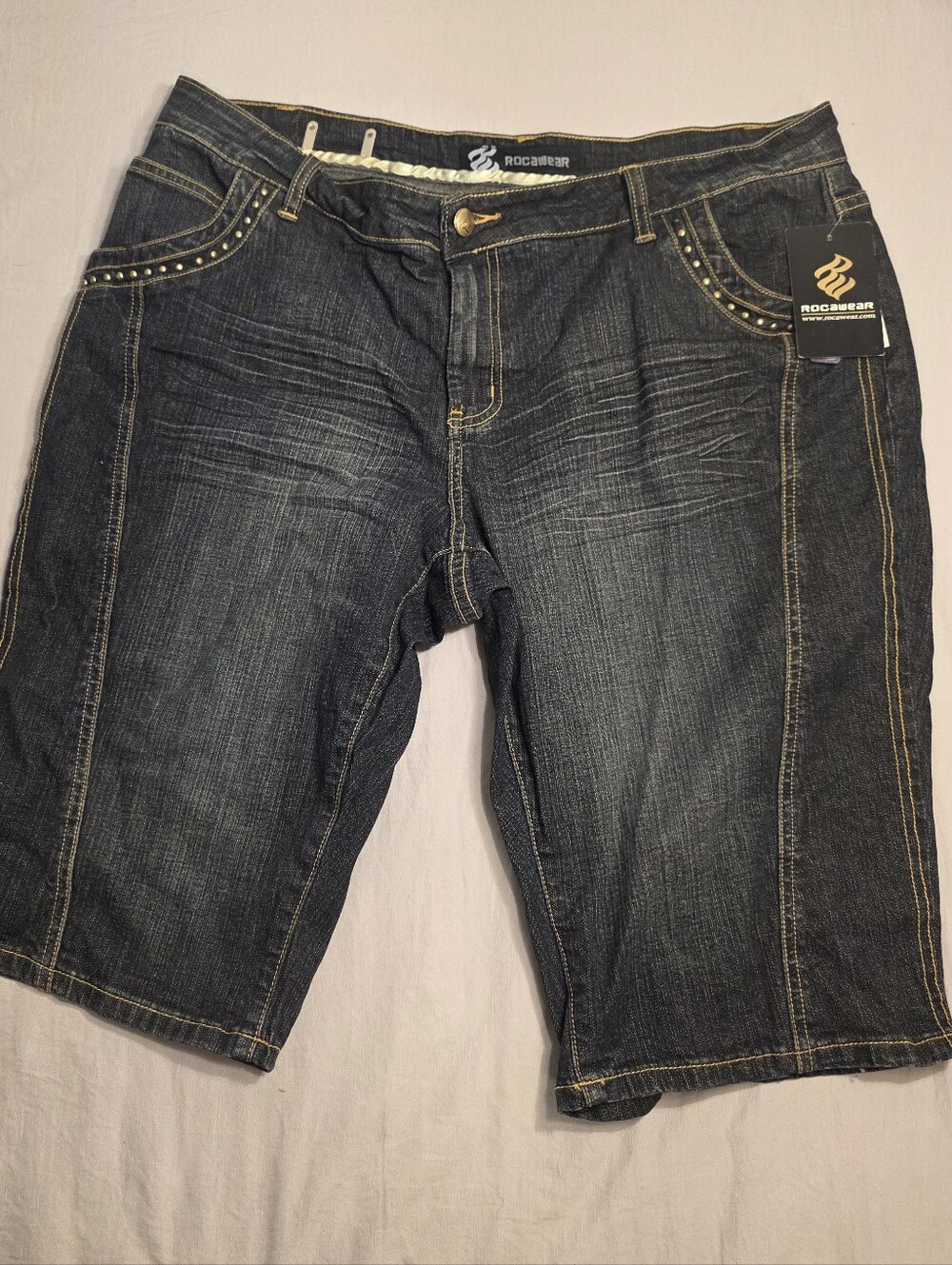 Rocawear Dark Wash Denim Bermuda Shorts with Stud Details